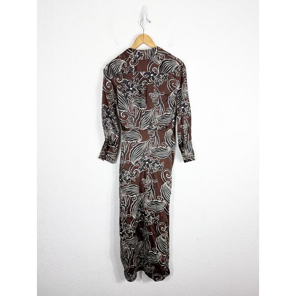 Zara Printed Wrap Midi Dress Size XS Brown Floral Satin Long Sleeve 9445/853/700 - Picture 13 of 14
